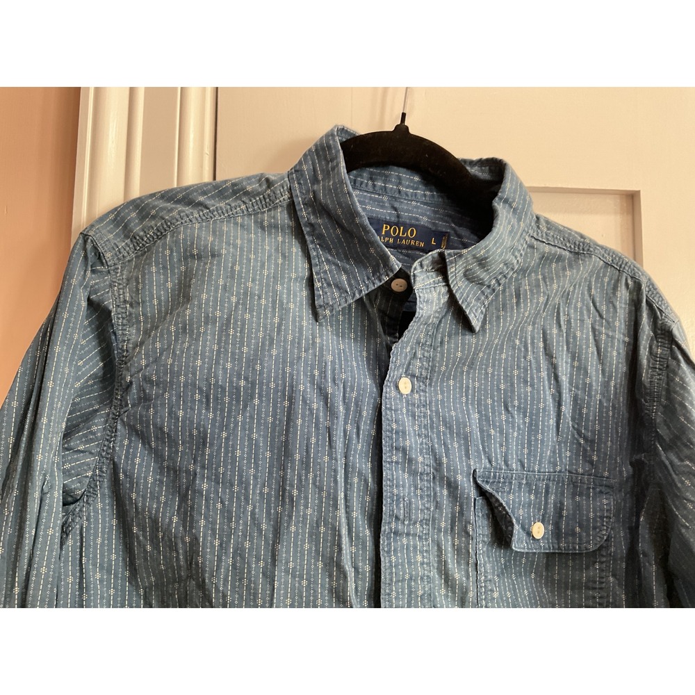 Polo Ralph Lauren Mens Blue Geometric Stripe Long Sleeve Button Down Shirt L
